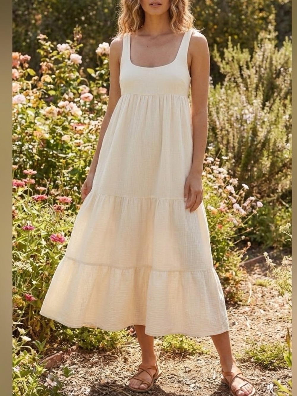 Free People White Tiered Maxi Dress Boho Scoop Neck Pre-Owned❤️